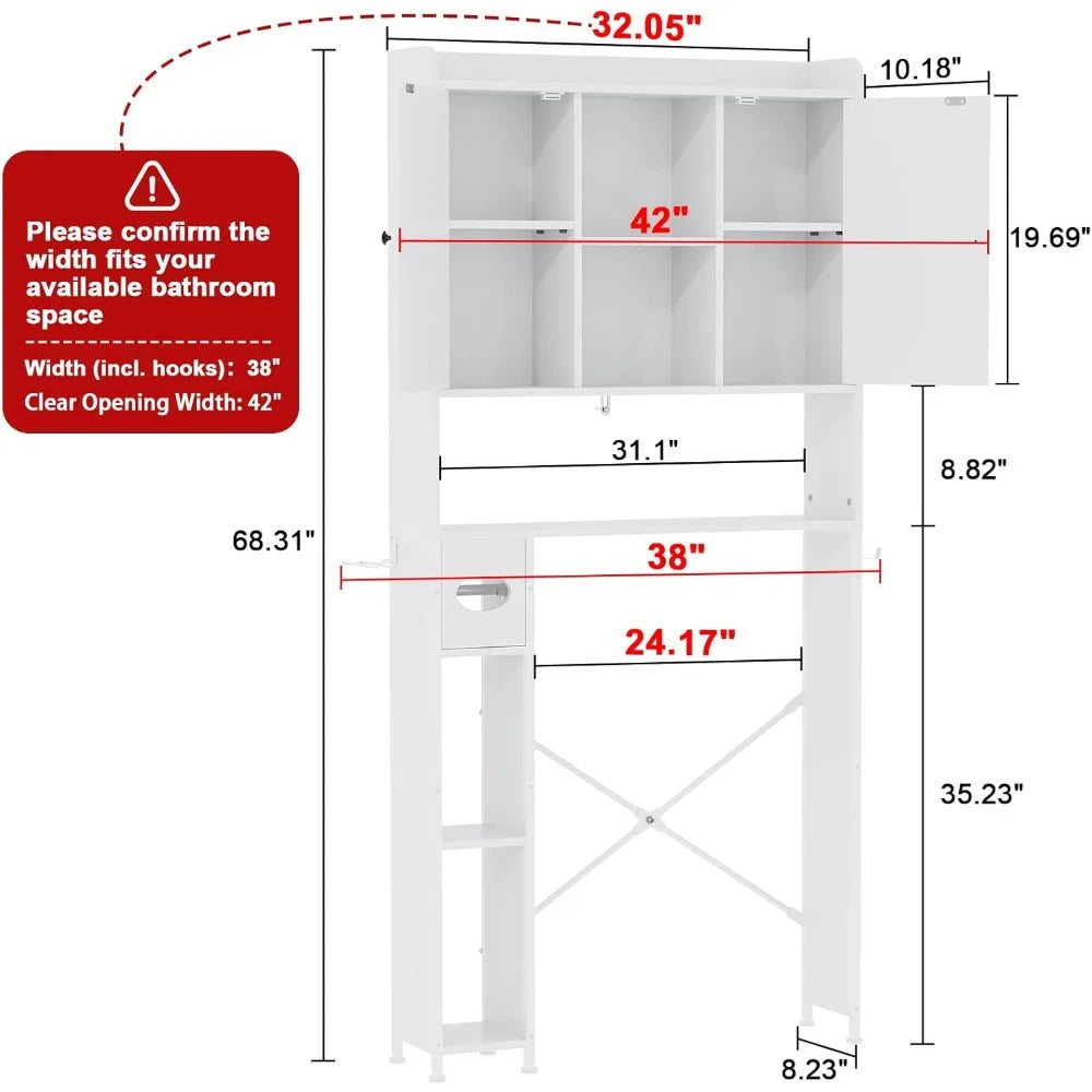 32W Over The Toilet Storage Cabinet with Metal Frame and 7 Storage Shelves, Bathroom Organizer with Adjustable Shelves and Paper