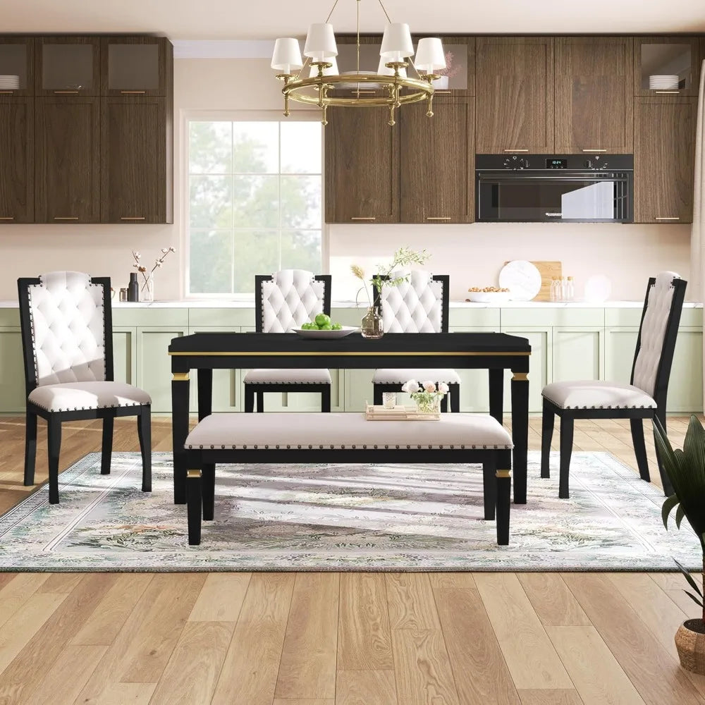 harper & bright designs 6-piece kitchen dining table chairs set, 60" rectangular table and 4 high-back tufted chairs & 1 bench f