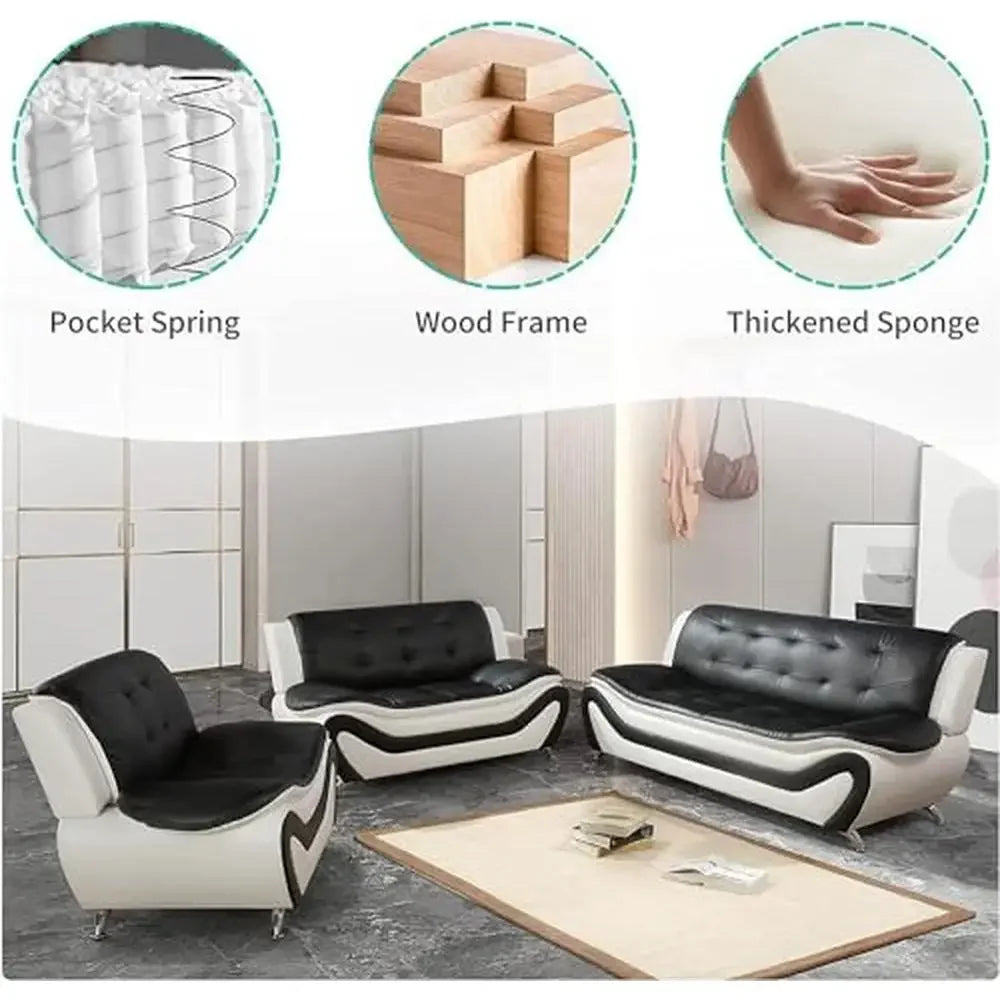 Contemporary Vegan Leather Sofa Living Room Furniture Set 3 PCS Black/White Ergonomic Design Breathable Faux Leather Upholstery