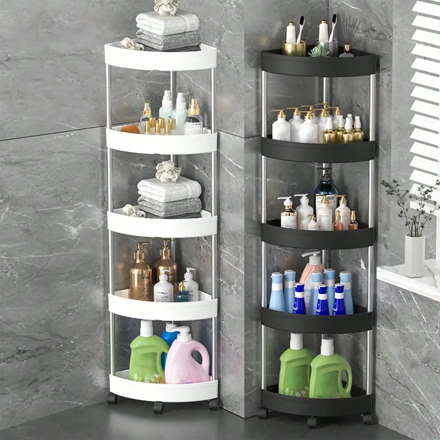 Bathroom Corner Storage Shelf Organizer With Detachable 5 Tiers Rolling Wheels And Drainage Holes