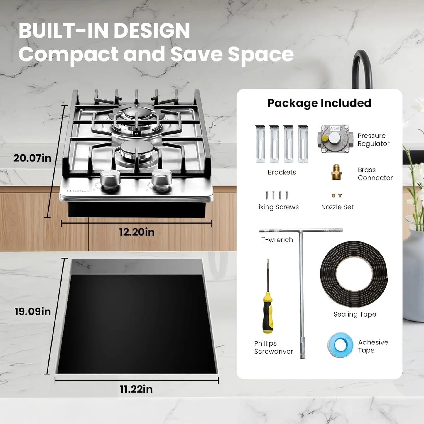 2 Burner Propane Stove, 12 Inch Gas Cooktop Built-in Gas Stove NG/LPG Convertible Stainless Steel Stove Burner with