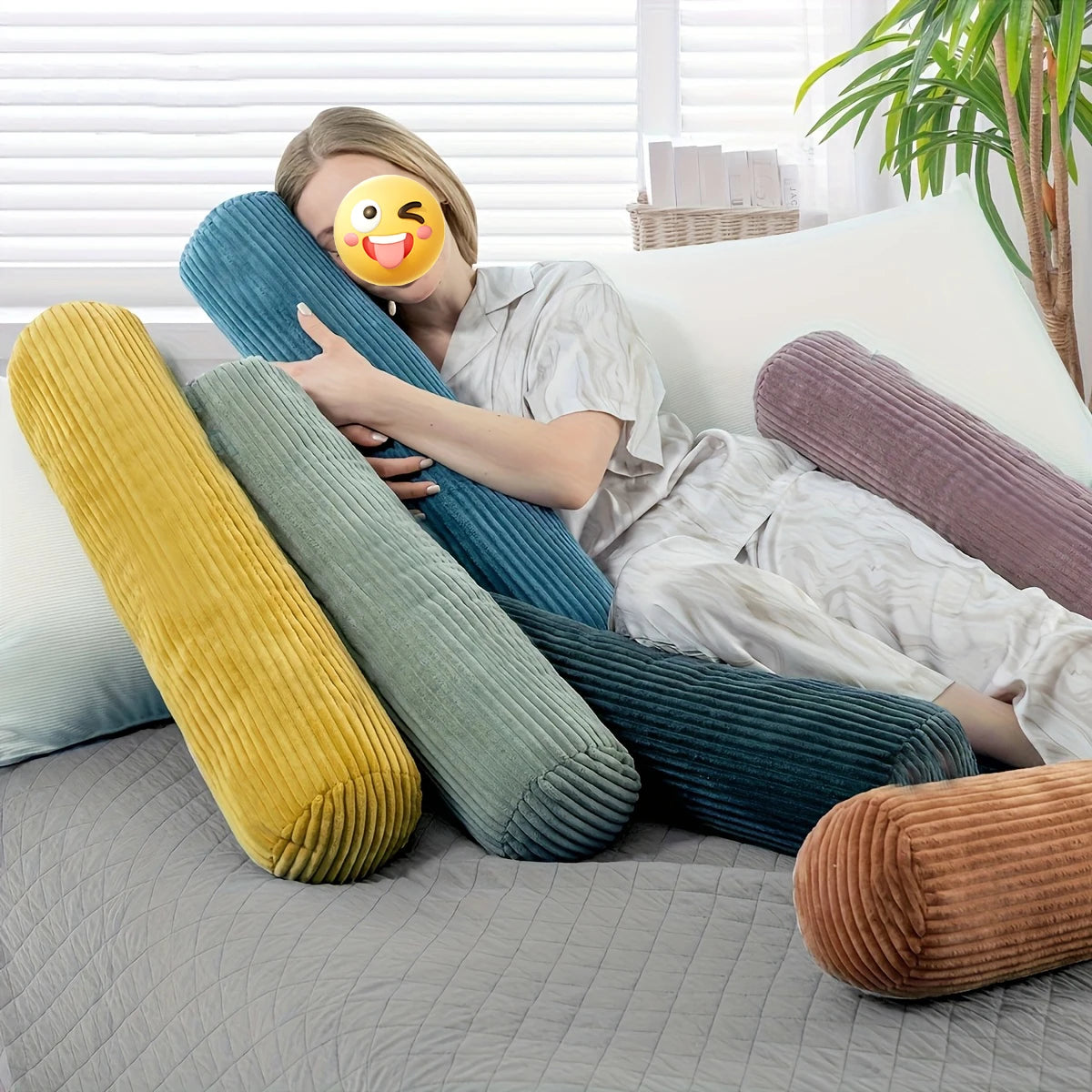1pc 3D Stripe modern cylindrical support pillow corduroy Pillow, Machine Washable Polyester Fiber Filling, Suitable for Indoor