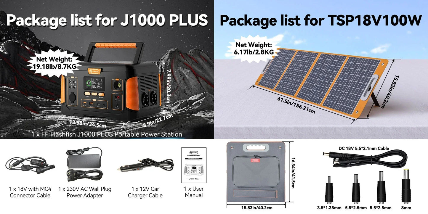 932.4Wh 1000W Portable Power Station Solar Generator Battery with Solar Panel 100W Complete Kit for Home Camping EV RV Trip