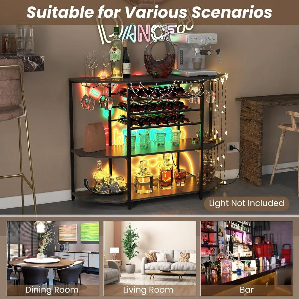 Bar Table Cabinet with Power Outlet & USB Port, 21 Bottle Wine Rack & Glass Holder, 3 Tier Mini Coffee Bar Stand for Liquor, In