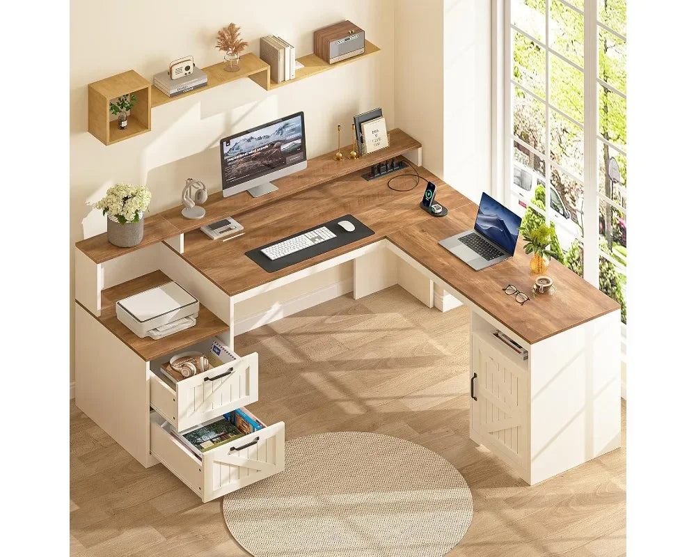 63" L-Shaped Corner Computer Desk with Drawers, Storage Shelf, Power Outlets and Monitor Stand, Antique White