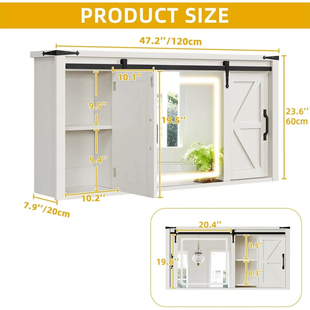 Medicine Cabinet Mirror, Bathroom Wall Cabinet W/lights And Sliding Barn Door, Lighted Medicine Cabinet Storage Cabinets