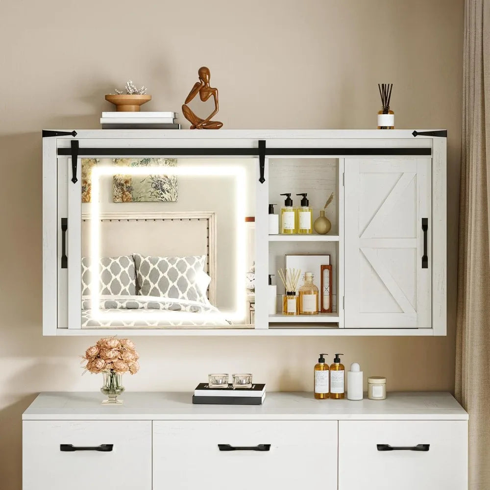 Medicine Cabinet Mirror, Bathroom Wall Cabinet W/lights And Sliding Barn Door, Lighted Medicine Cabinet Storage Cabinets