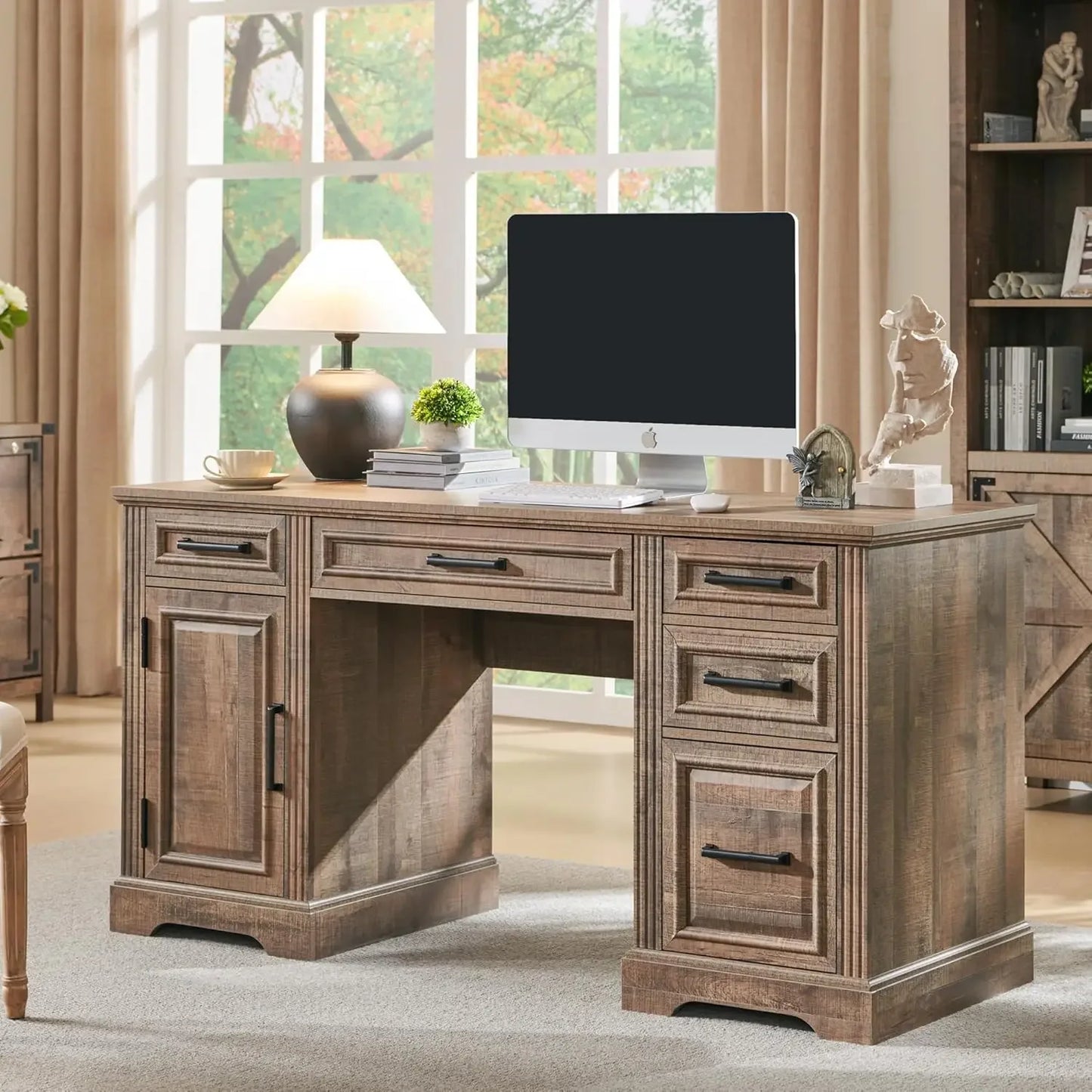 58" Executive Desk, Farmhouse Computer Desk with Drawers and Cabinet, Embossed Texture Home Office Desk, Workspace