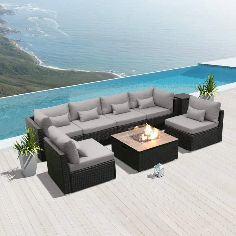 Patio Furniture Sectional Sofa with Gas Fire Pit Table Outdoor Patio Furniture Sets Propane Fire Pit (Light Gray-Square T