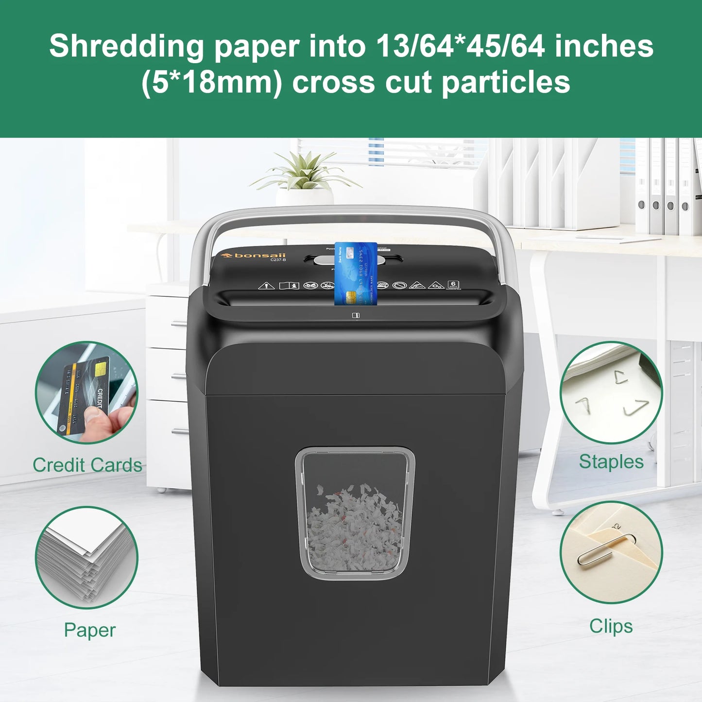 Bonsaii 6-Sheet Cross Cut Paper Shredder Home Office Use with Handle for Document,Mail,Staple,Clip with Overheat protection