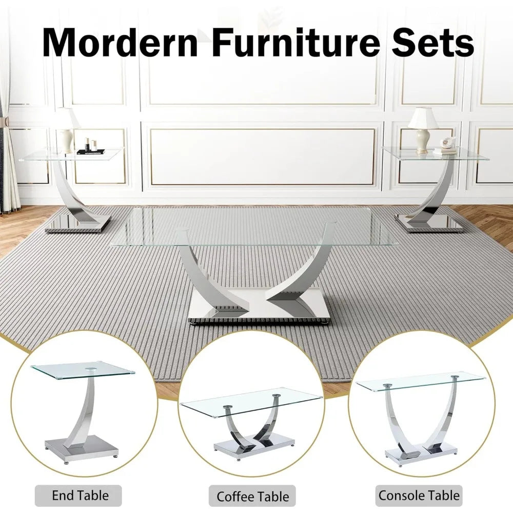 47" Clear Glass Coffee Table, Modern Silver Mirror Coffee Table with U-Shape Stainless Steel Legs, Tea Table, Luxury Rectangle C