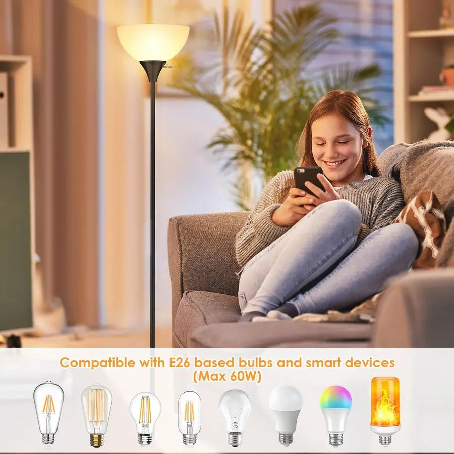 Lamp, LED Standing Lamps with White Plastic Shade, Black Modern Torchiere Floor Lamp, Tall Lamps for Living Room Dorm, Bulb not