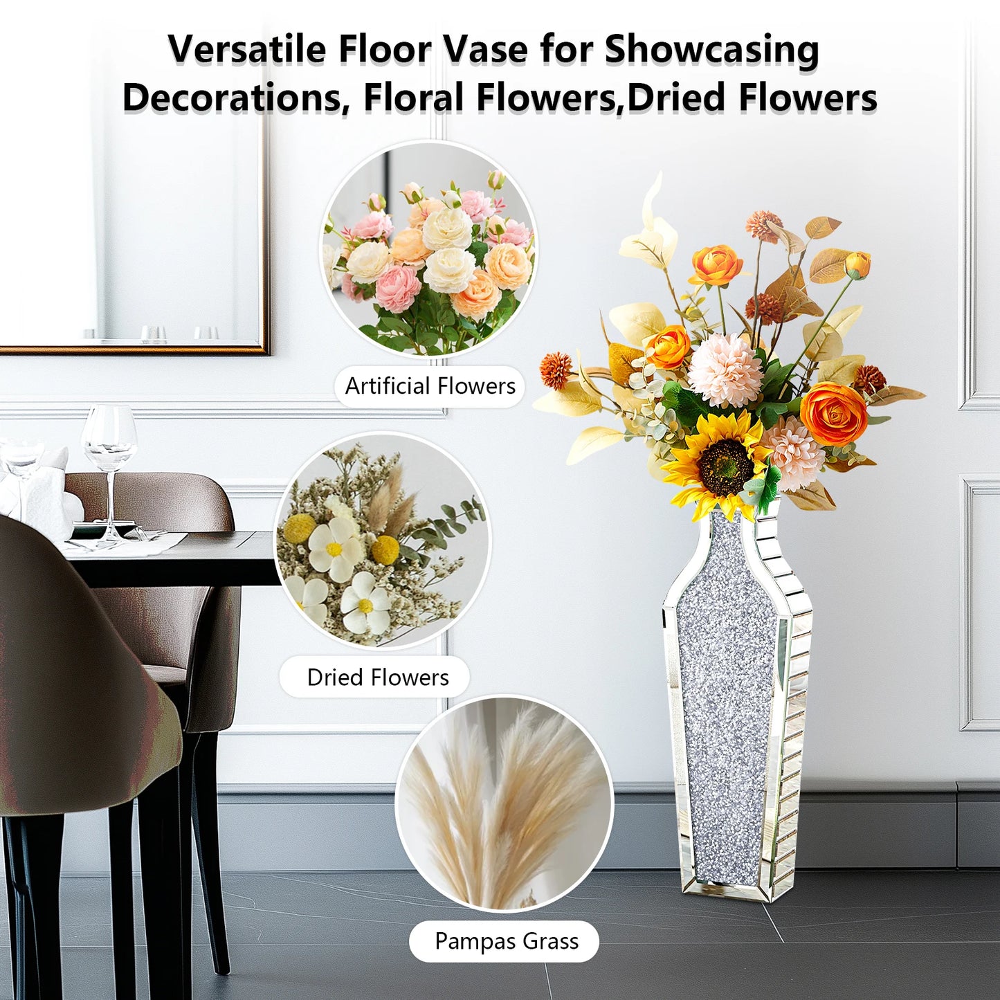 27" Tall Crushed Diamond Floor Vase, Silver Large Vases for Decor Living Room Crystal Mirrored Home Decor Vases for Dried Flower