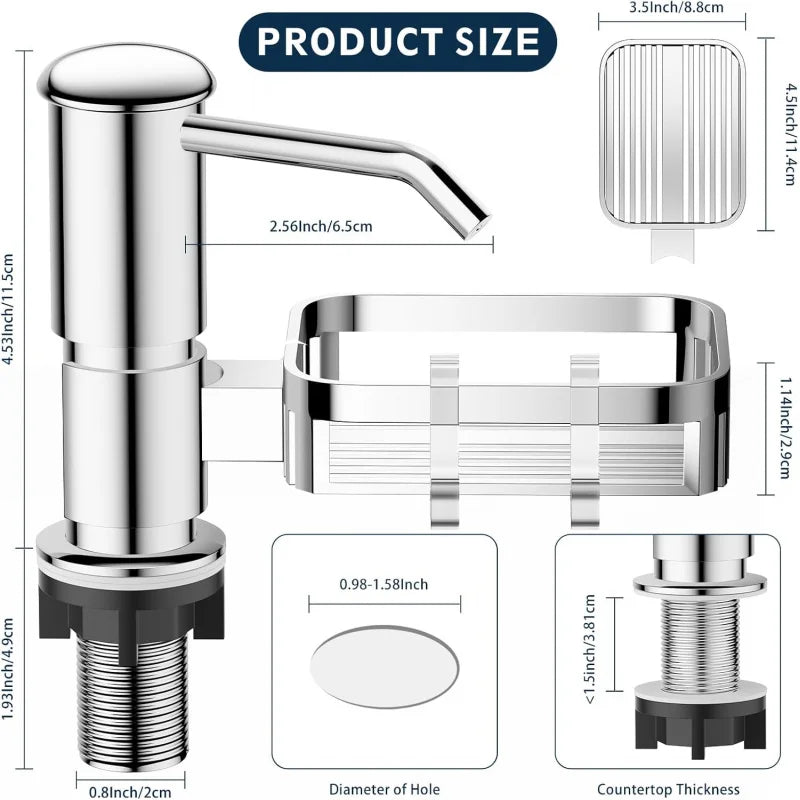 Under Counter Sink Soap Dispenser Pump with 39 Extension Tube Kit, Built in ABS Kitchen Dish Soap Dispensers with Sponge Holder