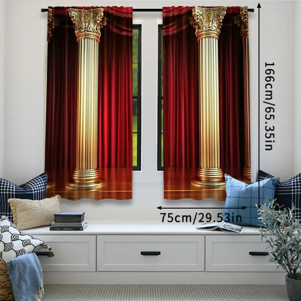 2Pcs Red Curtains With Golden Pillars Pattern Curtains For Window Decoration Suitable For All Seasons For Bedrooms Kitchens