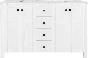 48" White Bathroom Vanity with Marble Texture Top and 4 Drawers, Modern Standing Pedestal Cabinet with Two Boat Silver Glass Ves