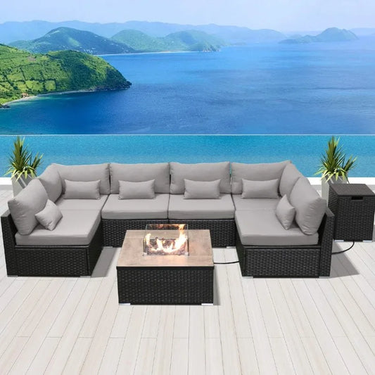 Patio Furniture Sectional Sofa with Gas Fire Pit Table Outdoor Patio Furniture Sets Propane Fire Pit (Light Gray-Square T