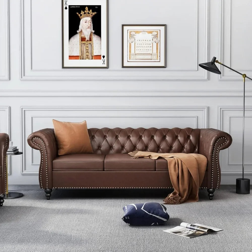 chesterfield style leather sofa and loveseat set with scroll arms and nailhead trim for living room or office