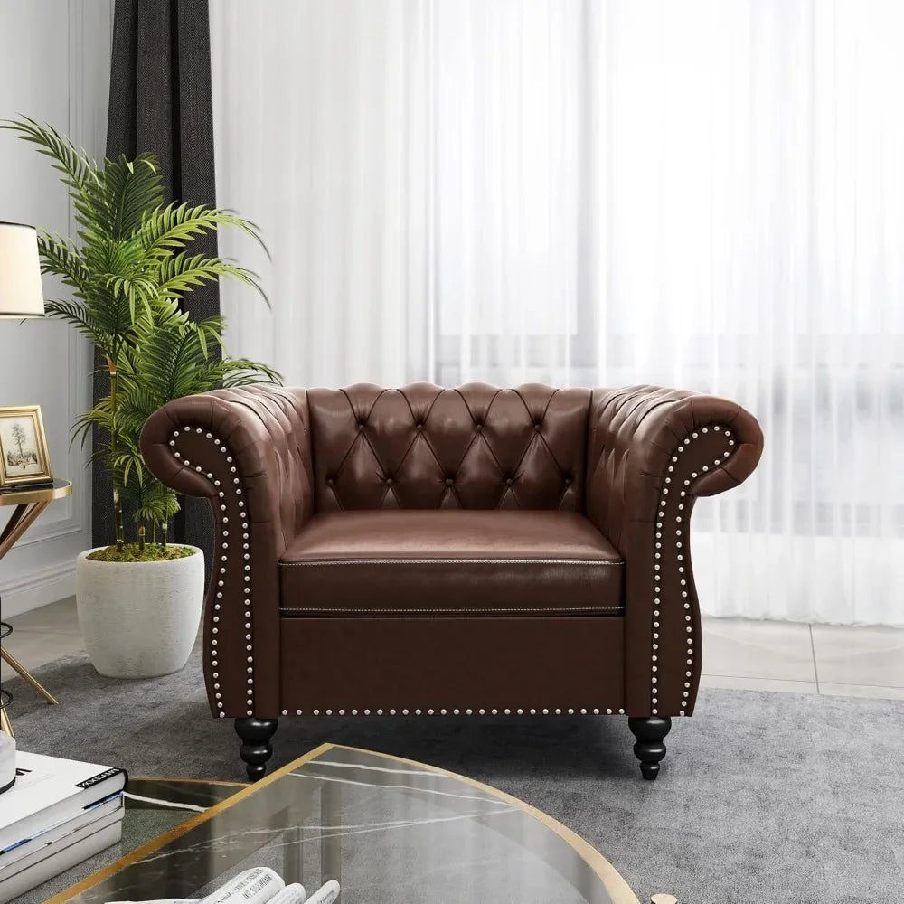 chesterfield style leather sofa and loveseat set with scroll arms and nailhead trim for living room or office