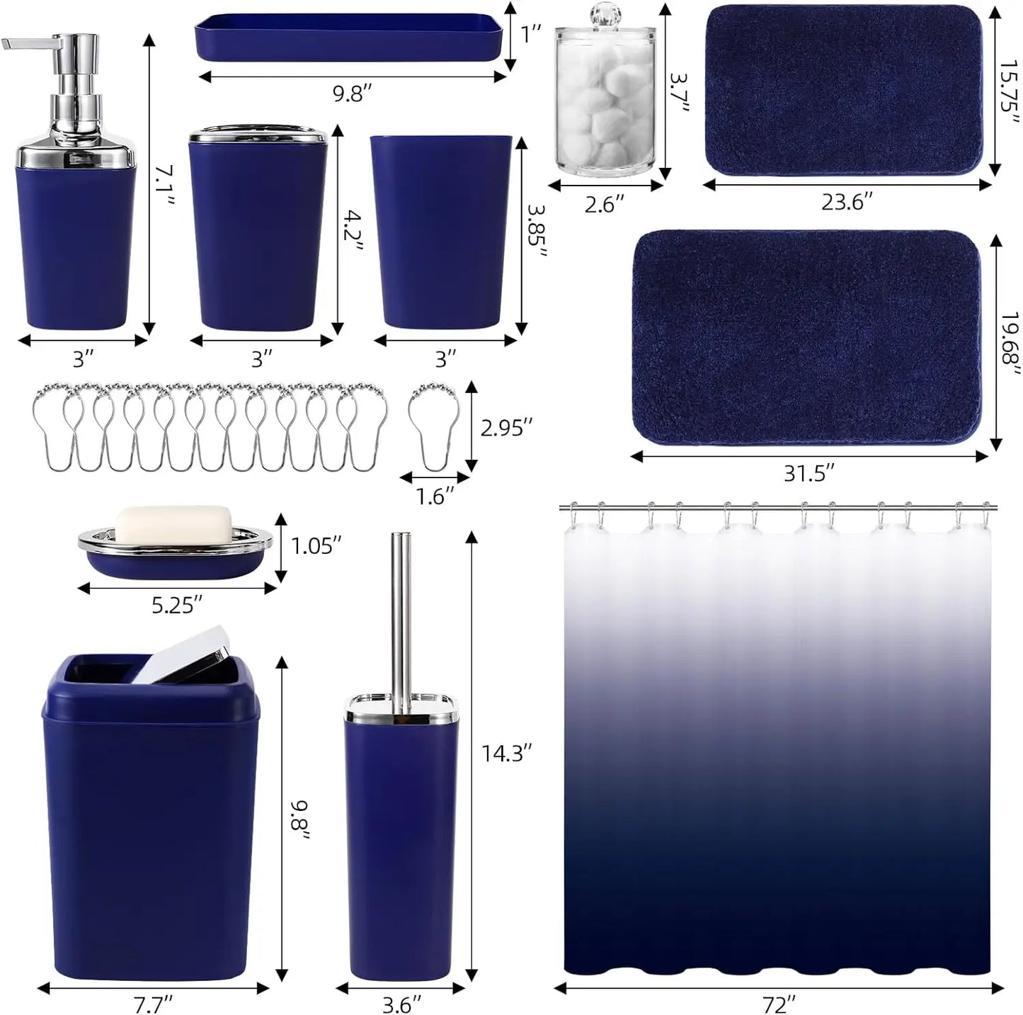 24-Piece Navy Blue Bathroom Set with Ombre Shower Curtain and Absorbent Rugs, Includes Trash Can and Accessories
