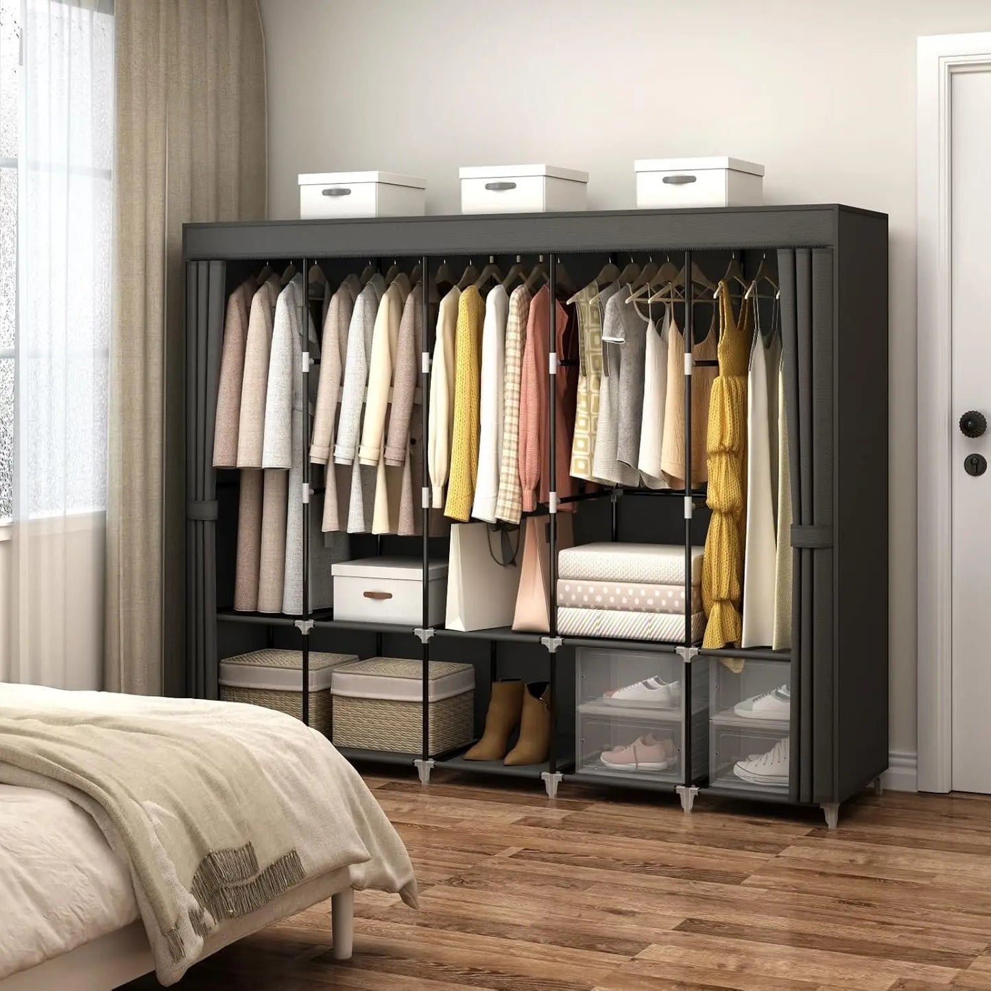 83 Inch Wide Portable Closet Wardrobe with Cover, 5 Hanging Rods and 10 Shelves for Clothes Storage