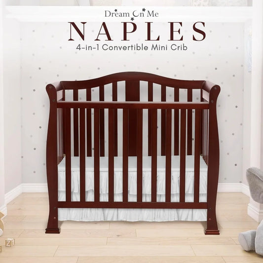 4-in-1 Convertible Mini Crib with Mattress Pad, Pinewood Baby Bed, Non-Toxic Finish, Espresso