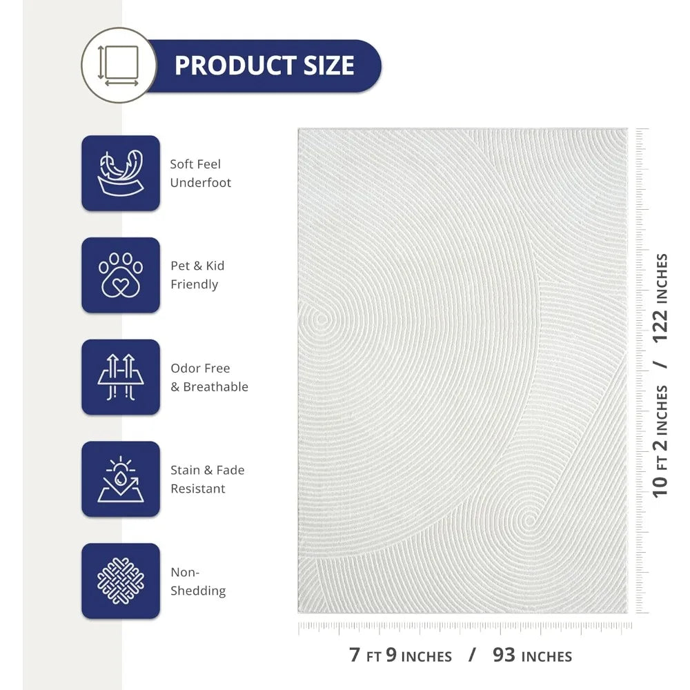 Cream Area Rug 8' x 10' for Living Room, Bedroom - Zen Reiki Circles Pattern - Durable & Easy to Clean