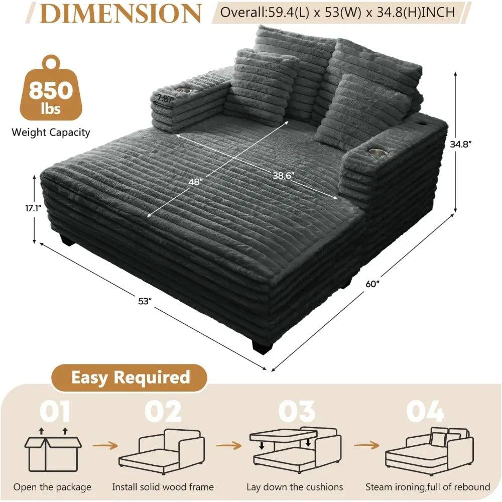 60" Chaise Lounge Chair Indoor, Oversized Comfy Sofa Bed with Pillows & Armrests, Fluffy Plush Faux Fur Sleeper Couch Lazy Chair