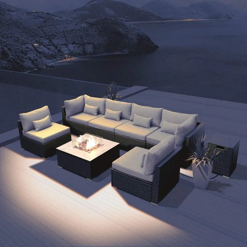 Patio Furniture Sectional Sofa with Gas Fire Pit Table Outdoor Patio Furniture Sets Propane Fire Pit (Light Gray-Square T