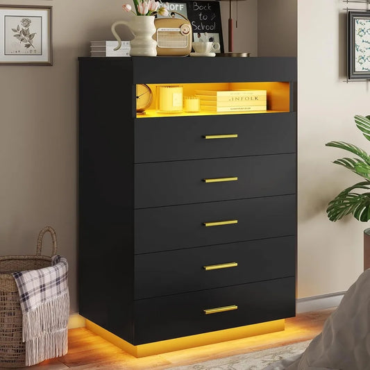 Black Dresser With LED Lights, Floating Tall Dresser With 5 Large Drawers & Open Storage Space & Pull Out Tray, Wood Chest Of Dr