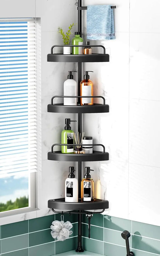 4-Tier Corner Shower Caddy with Telescoping Pole: Adjustable Bathroom Storage Organizer for Shampoo and Accessories