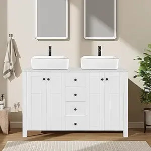 48" White Bathroom Vanity with Marble Texture Top and 4 Drawers, Modern Standing Pedestal Cabinet with Two Boat Silver Glass Ves