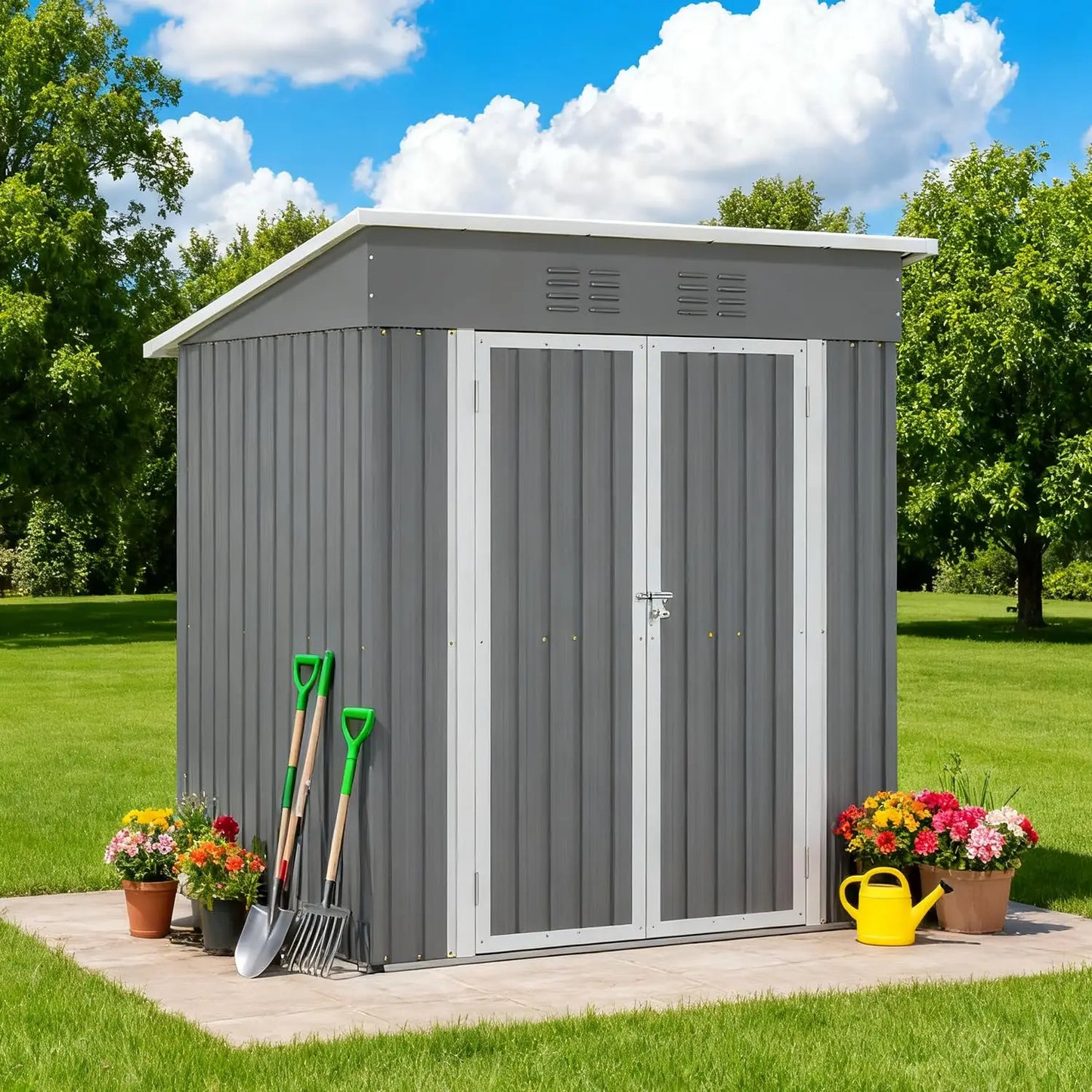6x4FT Outdoor Metal Storage Shed Sloping Roof Lockable Aluminum Frame Garden Patio Lawn Tool Bike Easy Assembly, Customized