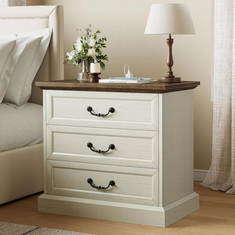 Nightstand With Charging Station 3 Drawer Set With Storage