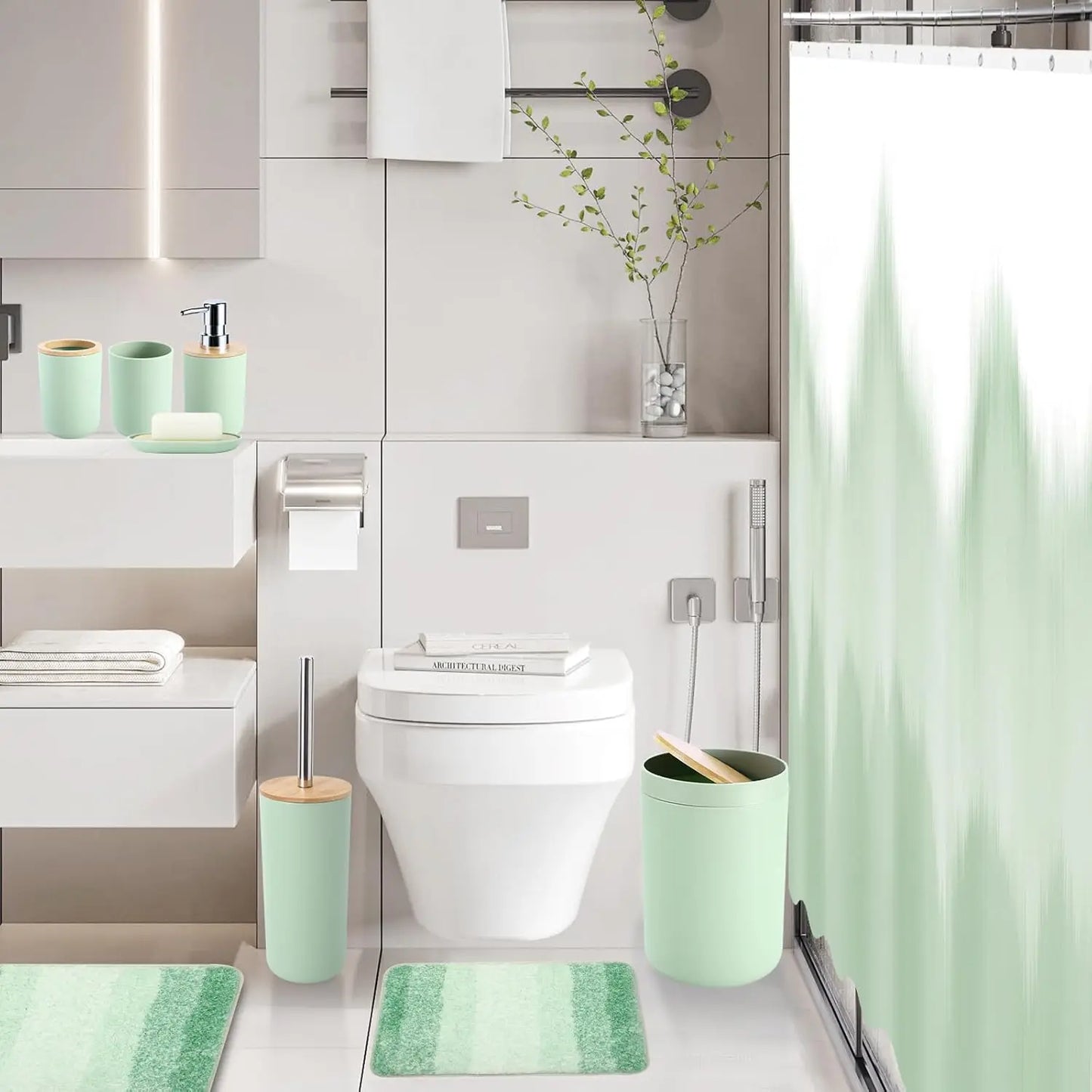 Green Ombre Waterproof Shower Curtain Set with Ultra Absorbent Rug, Complete Bathroom Accessories for Home Decor