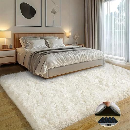 Off-White Soft Shaggy Non-Slip Rugs for Living Room/Bedroom/Nursery – Luxury Plush Carpet with 4 Rug Stickers, Ideal Room Decor