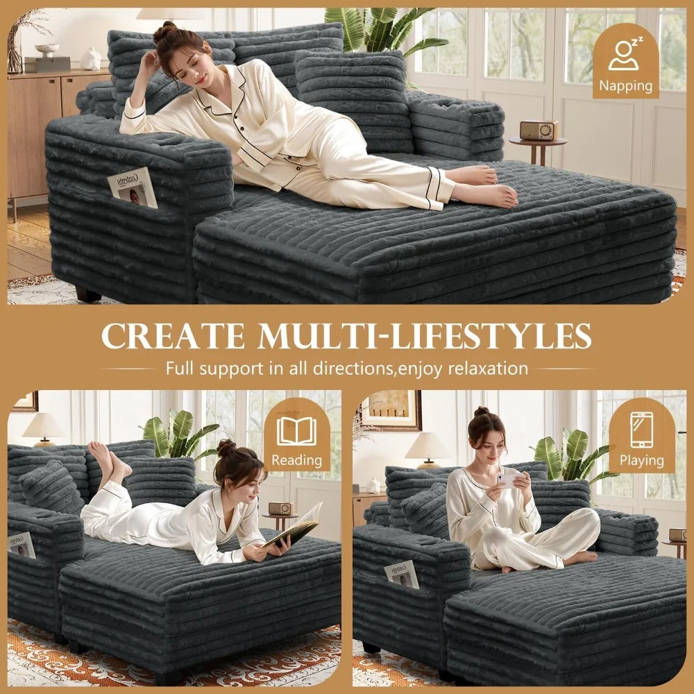 60" Chaise Lounge Chair Indoor, Oversized Comfy Sofa Bed with Pillows & Armrests, Fluffy Plush Faux Fur Sleeper Couch Lazy Chair