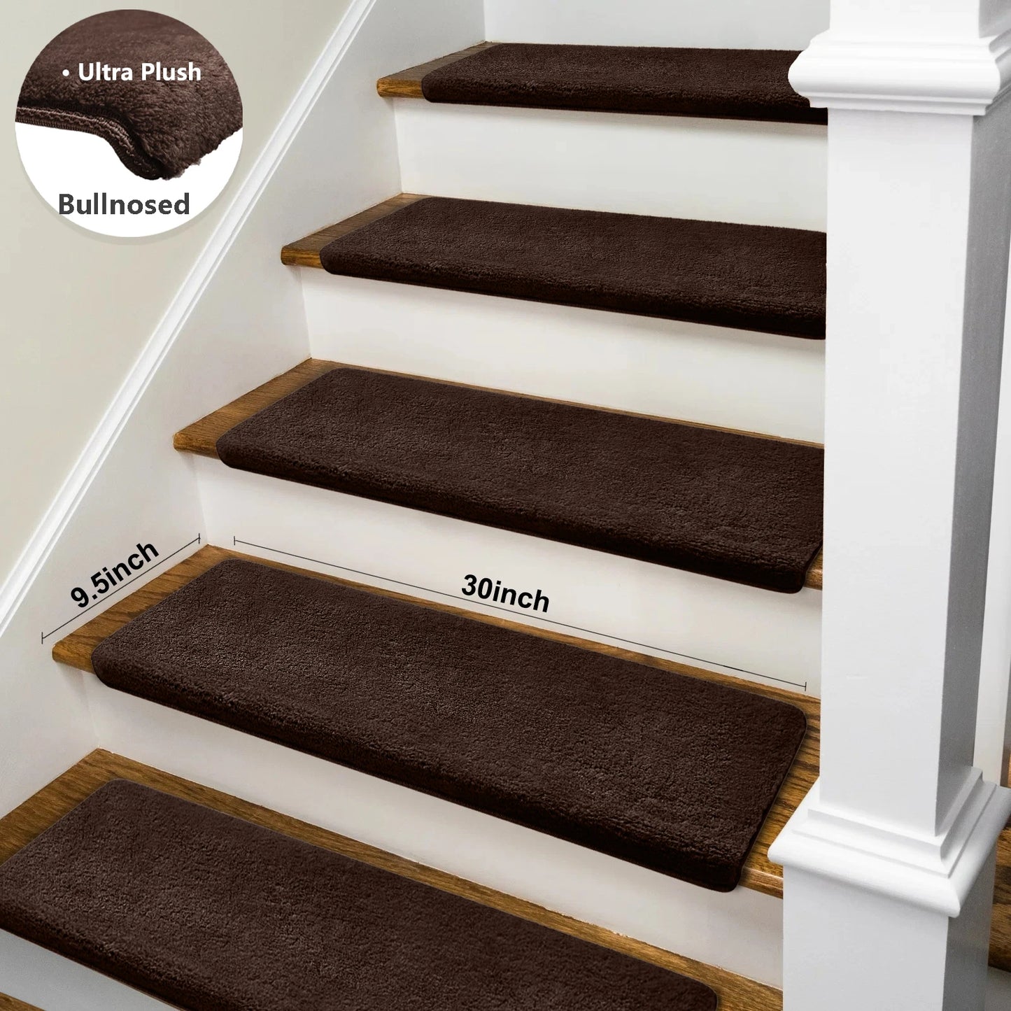 Bullnose Non-Slip Stair Treads -Ultra Plush- Washable Self-Adhesive Carpet Mats, Safety for Elderly & Pets, Peel & Stick Decor