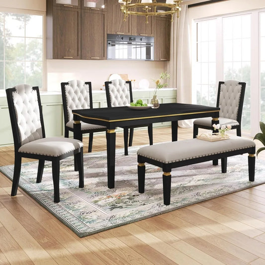 harper & bright designs 6-piece kitchen dining table chairs set, 60" rectangular table and 4 high-back tufted chairs & 1 bench f