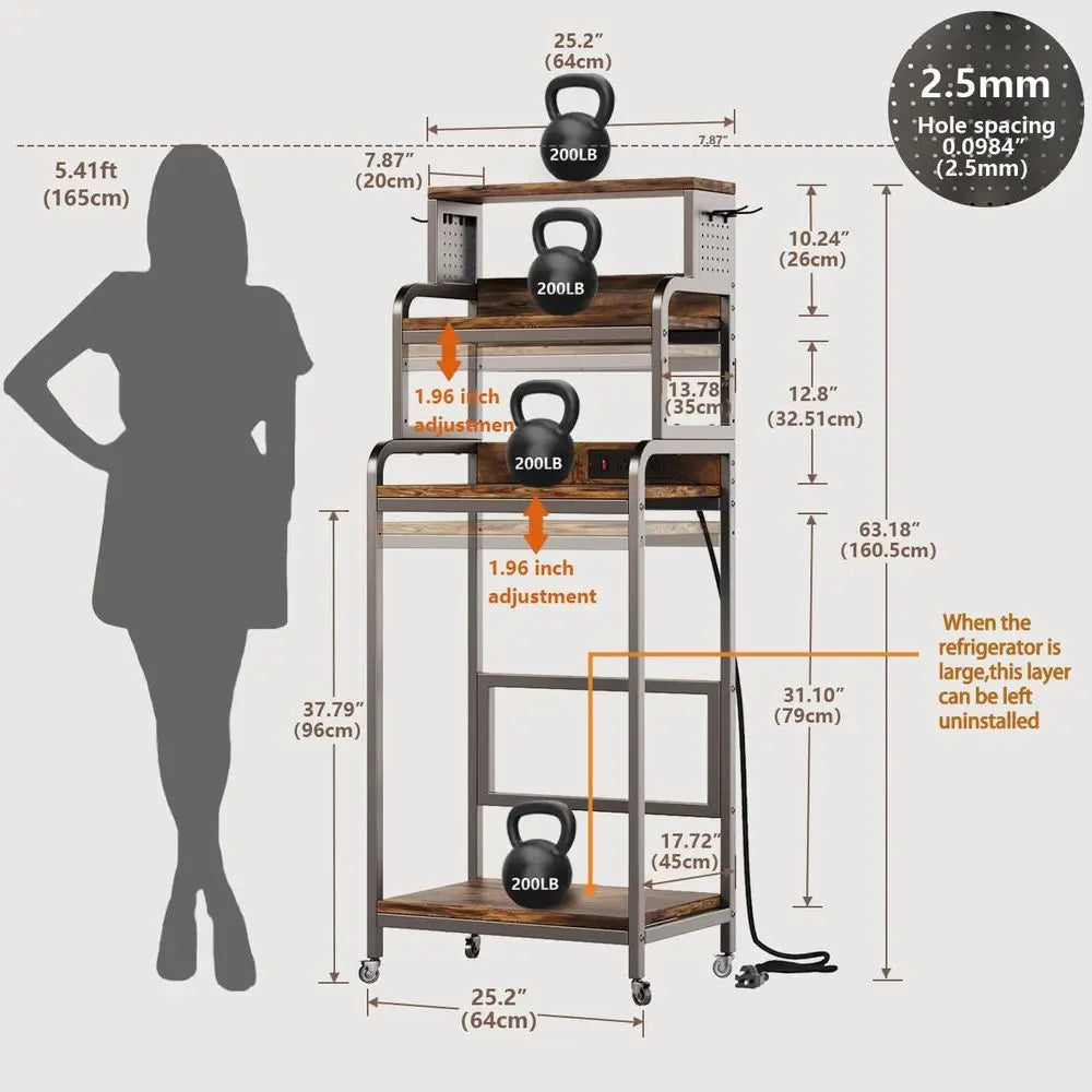 4-Tier Mini ridge Stand with Storage,Mini ridge Cabinet with Power Outlet,Pegboard,Bakers Rack with Storage Shel,Microwave Oven