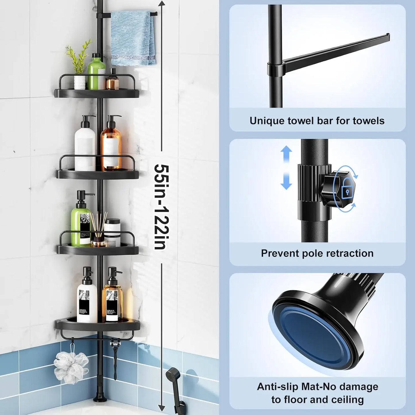 4-Tier Corner Shower Caddy with Telescoping Pole: Adjustable Bathroom Storage Organizer for Shampoo and Accessories
