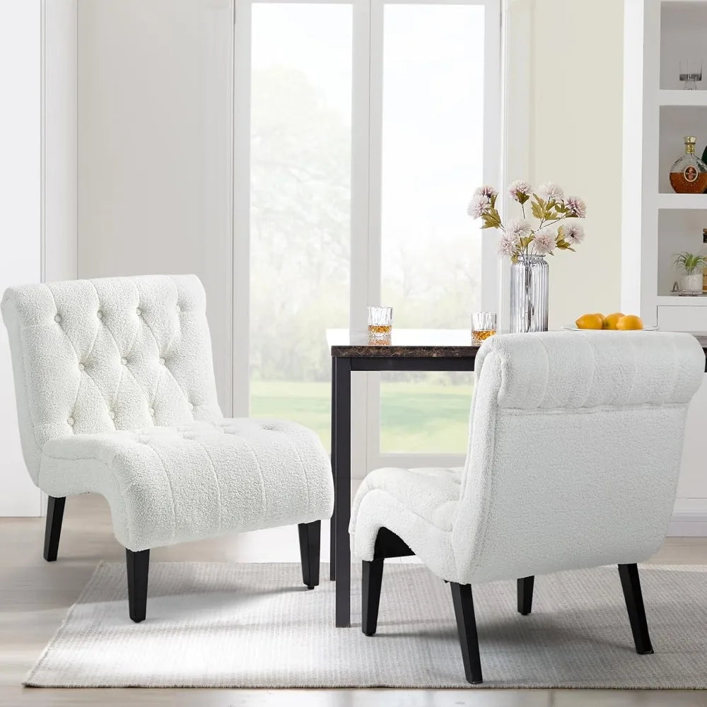 Armless Teddy Accent Chair Set of 2, Upholstered Lounge Chair with Wood Legs, Comfy Reading Chairs for Living Room & Bedroom