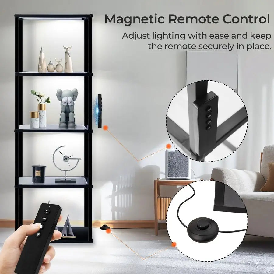 Display Shelf Floor Lamp, Dimmable LED lamp with 3 Color Temperatures, Sturdy Glass Curio Cabinet Bookcase with Remote Control,