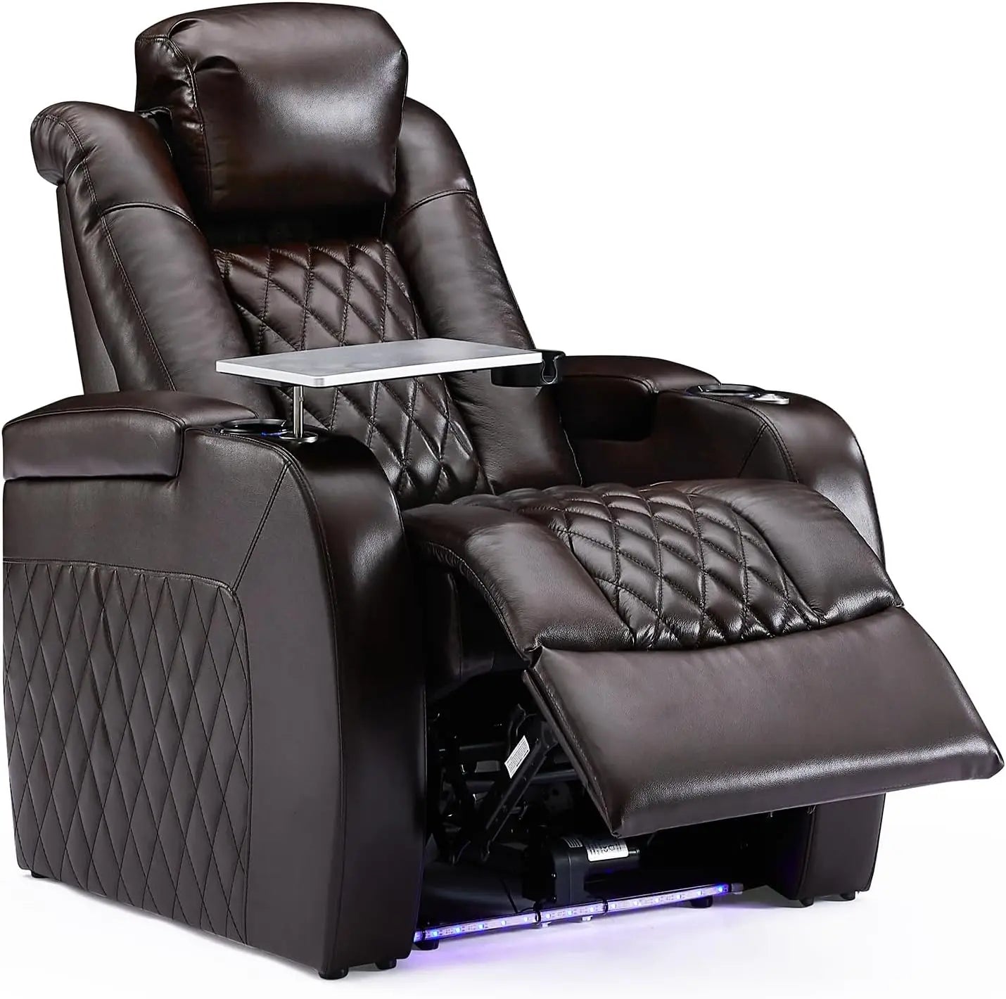 Home Theater Seating Top Grain Leather Recliner Chair,with Tray Table Type-C USB Charge Cup Holders Row of 1 Black