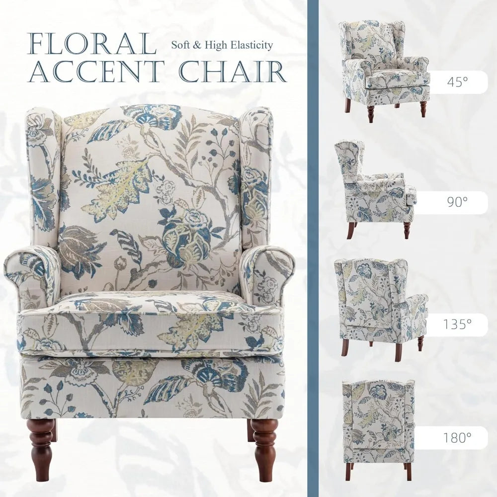 Floral Accent Chair, High Back Upholstered Armchair with Solid Legs, Leisure Single Sofa Chair for Living Room, Bedroom