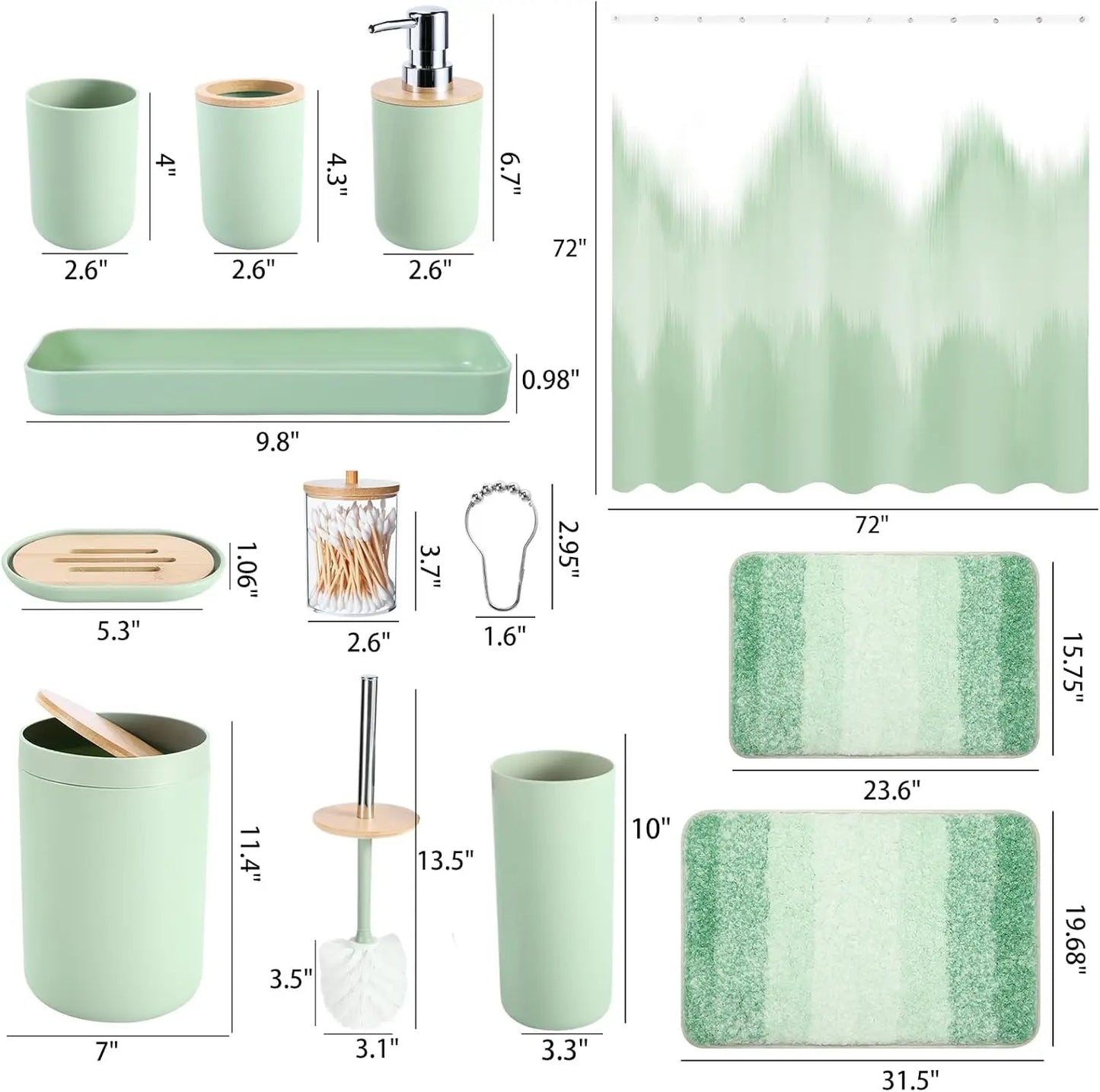 Green Ombre Waterproof Shower Curtain Set with Ultra Absorbent Rug, Complete Bathroom Accessories for Home Decor
