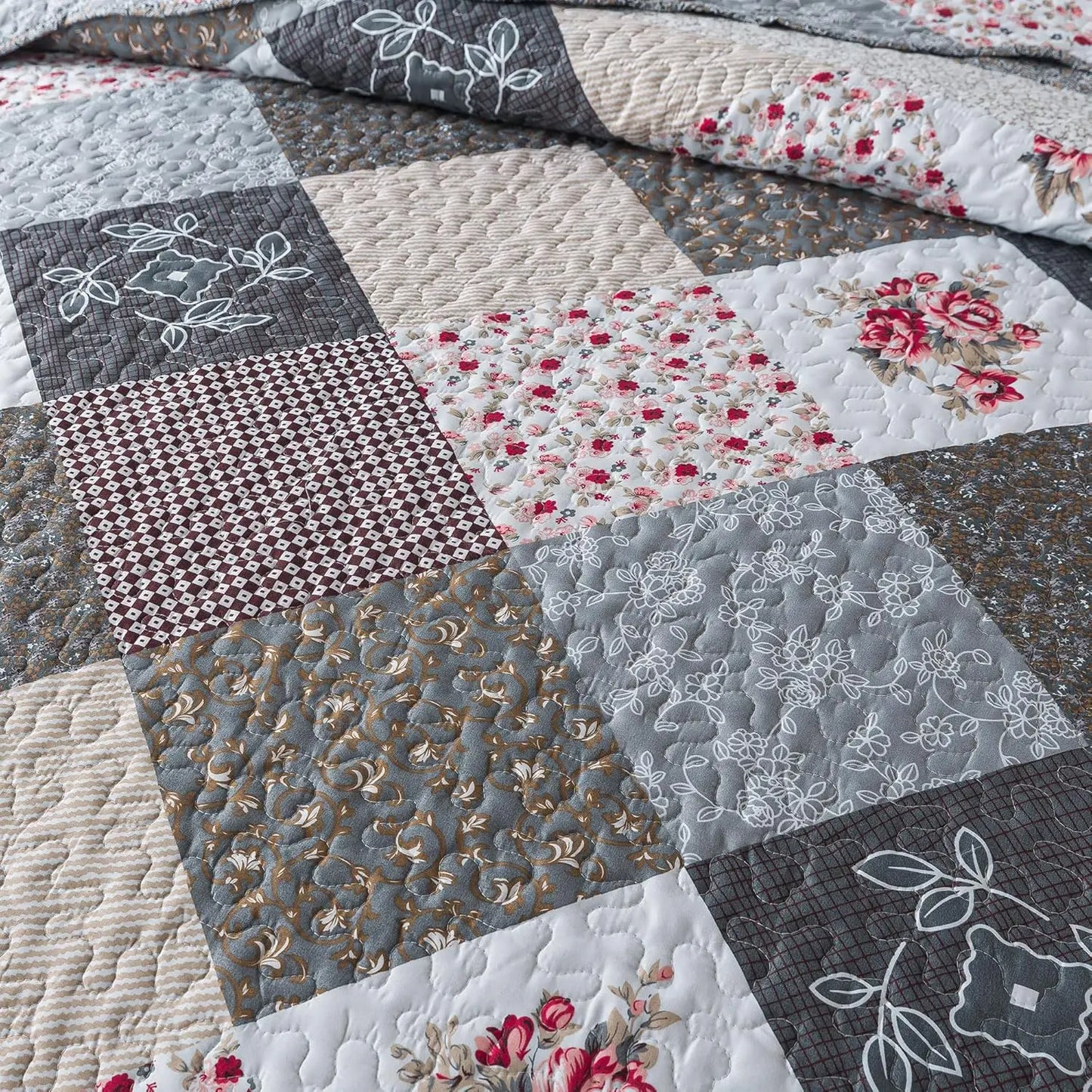 Oversized King Quilt Set 120x120-3 Pcs, All-Season Lightweight Bed Cover, Grey Reversible Design