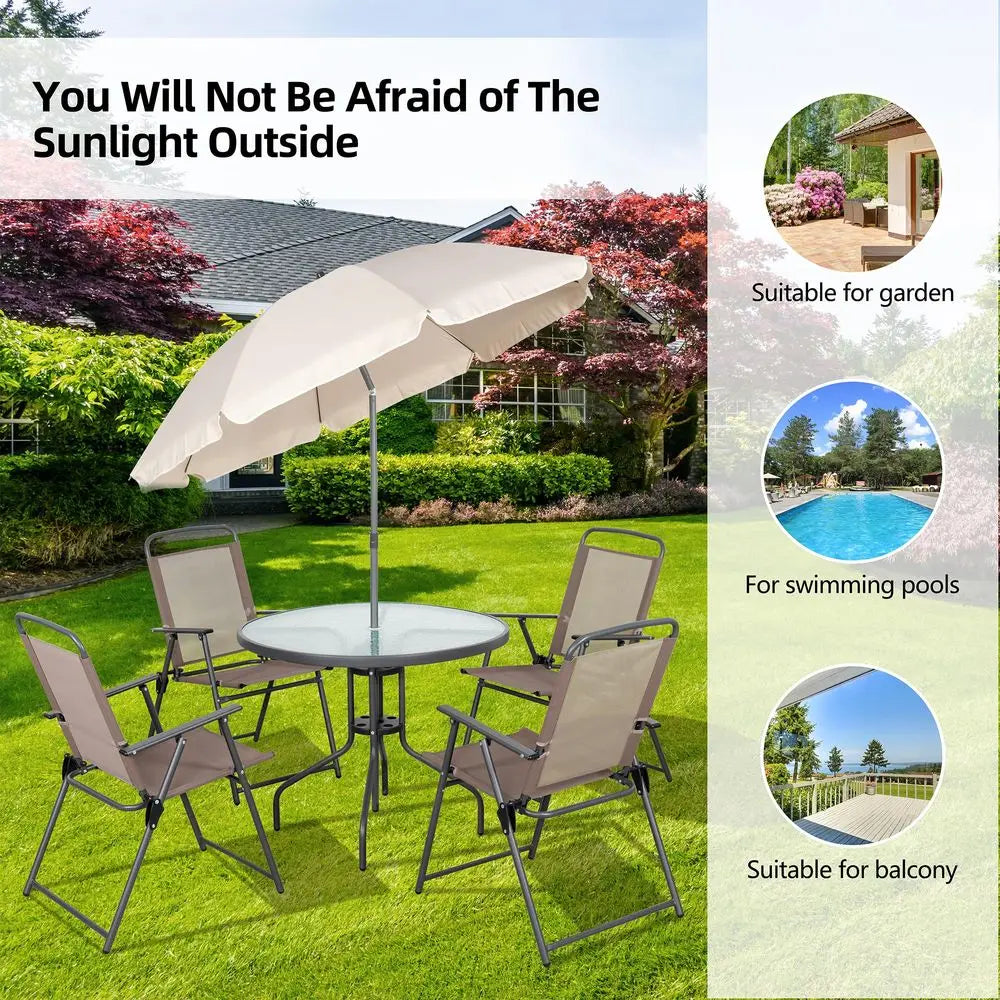 6 Pieces Folding Patio Dining Set, All Weather Small Metal Outdoor Table and Chair Set, Garden Patio Furniture Set w Umbrella,