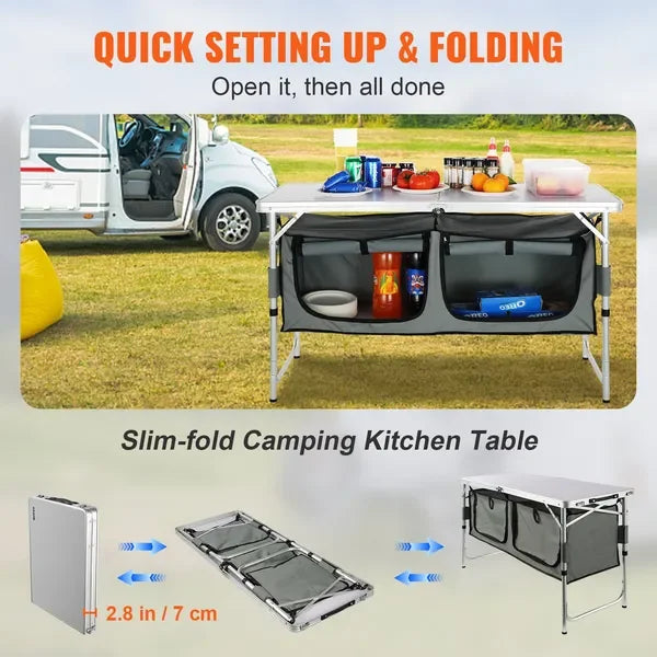 Camping Kitchen Table, Quick Set-Up, 3 Adjustable Heights, Ideal for Outdoor Picnics, BBQs, Camping, RV Traveling