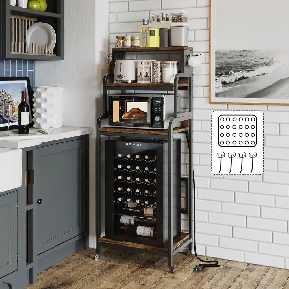 4-Tier Mini ridge Stand with Storage,Mini ridge Cabinet with Power Outlet,Pegboard,Bakers Rack with Storage Shel,Microwave Oven